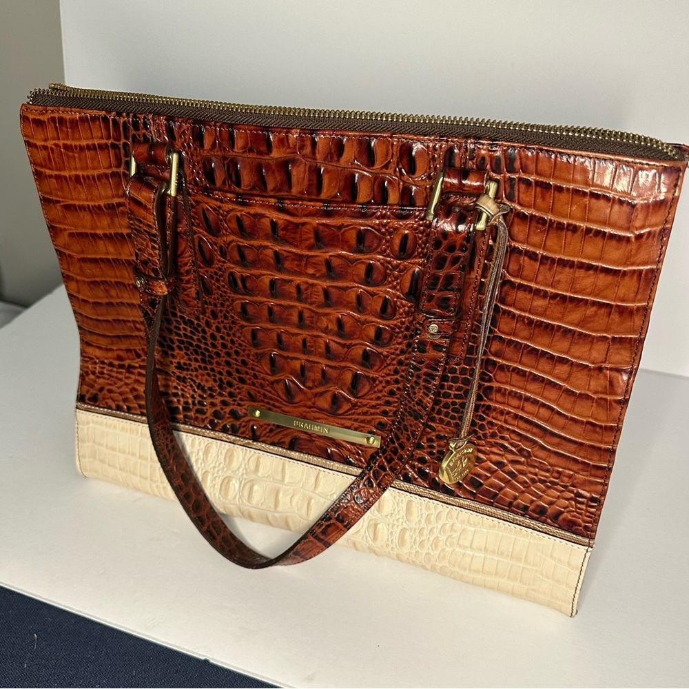 Brahmin Brown and White Handbag, used a few times